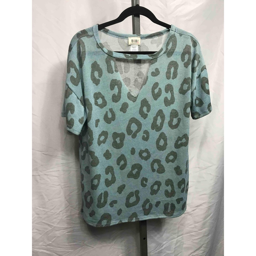 BIB! Women's Leopard Print Short Sleeve Top Mint Green Size LARGE